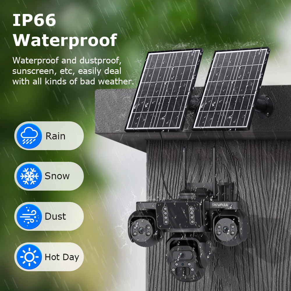 SHIWOJIA 523-9M-AOV Triple Len 24/7 Full Time Recording AOV 4G Solar Camera PIR Human Tracking Area Detect AI Camera GSM IP66 New Gen Network Camera