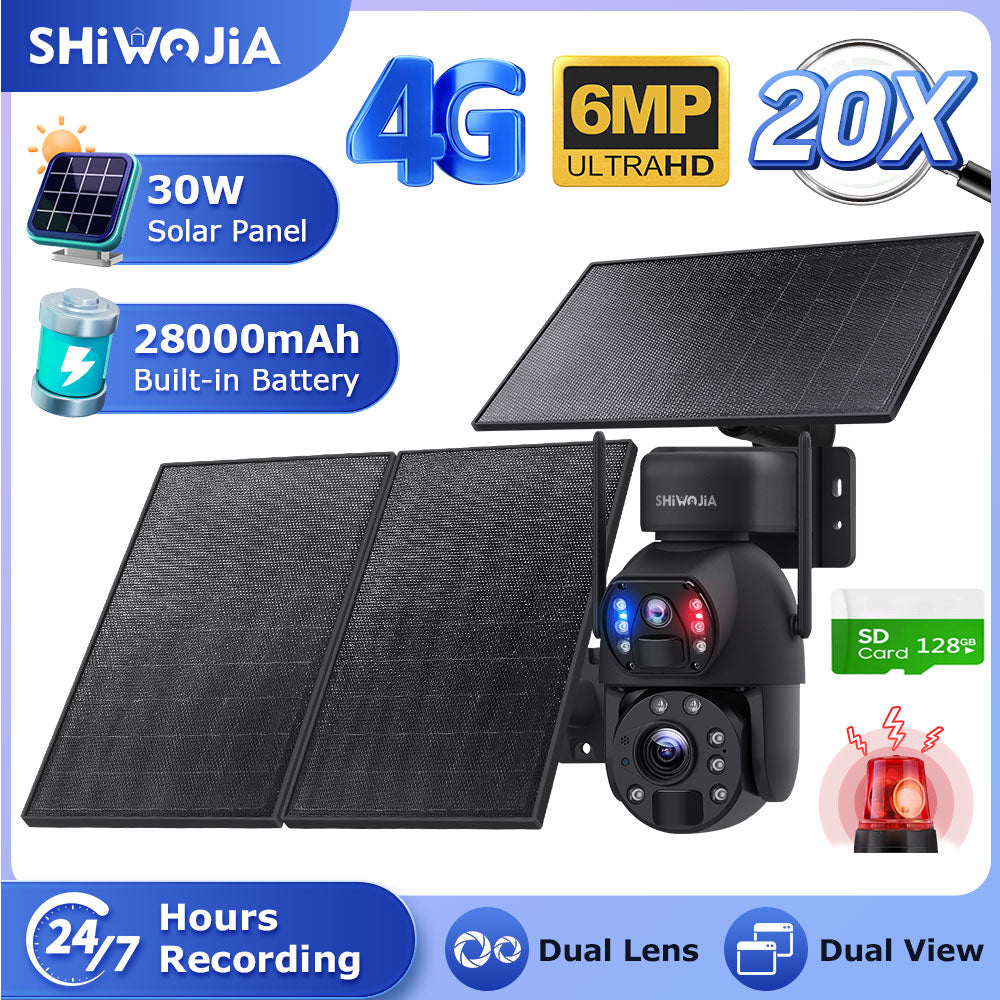 SHIWOJIA 30W Solar Battery 20x zoom Red Blue Alarm Floodlight PTZ Camera 3 PCS Solar Board Built in 28000mAh Batteries Night Vision Camera
