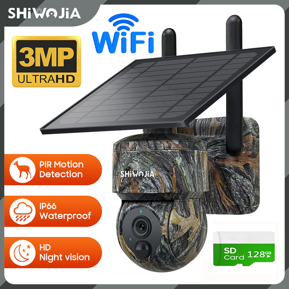 SHIWOJIA Camouflage Color Solar Battery PTZ Camera.4G SIM / WIFI 360° View Animal Monitoring.Built-in Battery