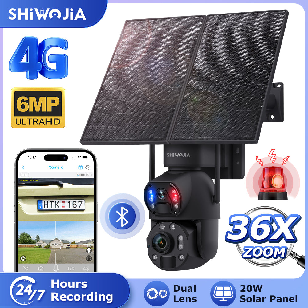 SHIWOJIA بطارية شمسية 20 وات 36X تكبير أحمر أزرق إنذار FloodLight PTZ كاميرا 4G SIM / WIFI كاميرا أمان خلوية مزدوجة العدسة، كاميرا شمسية 6 ميجابكسل لاسلكية في الهواء الطلق، رؤية ليلية ملونة، شاشة مزدوجة، بطارية مدمجة 