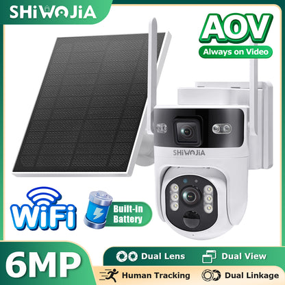 SHIWOJIA 637 Dual Len 4G Solar Camera AOV 24/7 Full Time Recording Ptz Camera Outdoor IP65 6MP HD Motion Detection CCTV Camera
