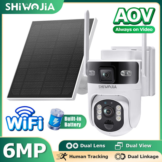 SHIWOJIA 637 Dual Len 4G Solar Camera AOV 24/7 Full Time Recording Ptz Camera Outdoor IP65 6MP HD Motion Detection CCTV Camera