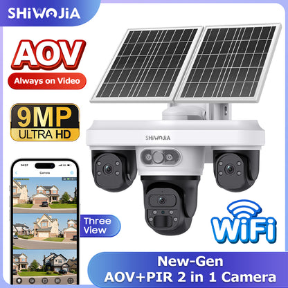 SHIWOJIA 563AOV 9MP Solar Camera 4G SIM Thress Screen WIFI Wireless Outdoor Security PTZ Camera 7/24 Hour Video Recording UBOXPRO