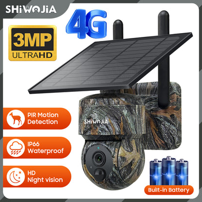 SHIWOJIA Camouflage Color Solar Battery PTZ Camera.4G SIM / WIFI  360° View Animal Monitoring.Built-in Battery