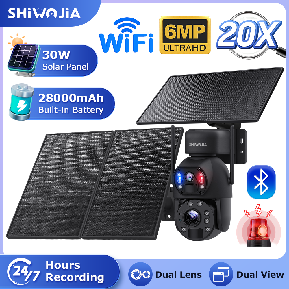 SHIWOJIA 30W Solar Battery 20x zoom Red Blue Alarm Floodlight PTZ Camera 3 PCS Solar Board Built in 28000mAh Batteries Night Vision Camera 