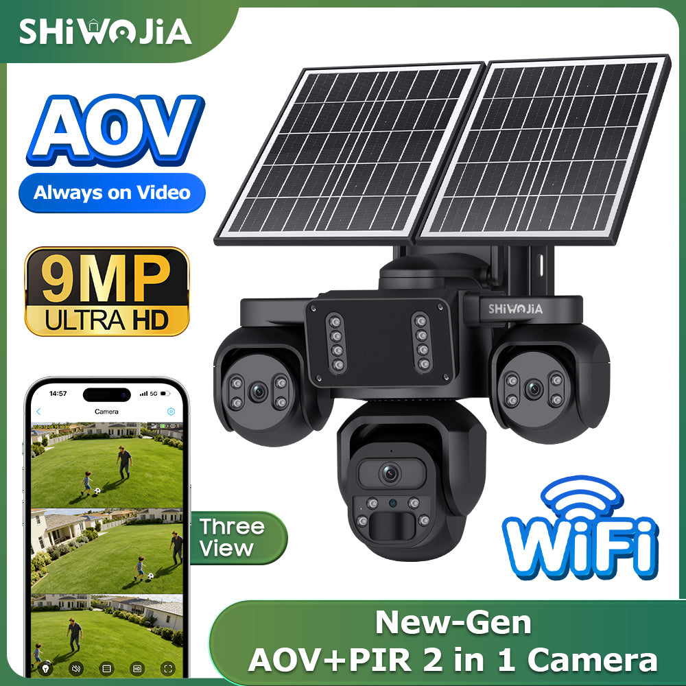 SHIWOJIA 523-9M-AOV Triple Len 24/7 Full Time Recording AOV 4G Solar Camera PIR Human Tracking Area Detect AI Camera GSM IP66 New Gen Network Camera