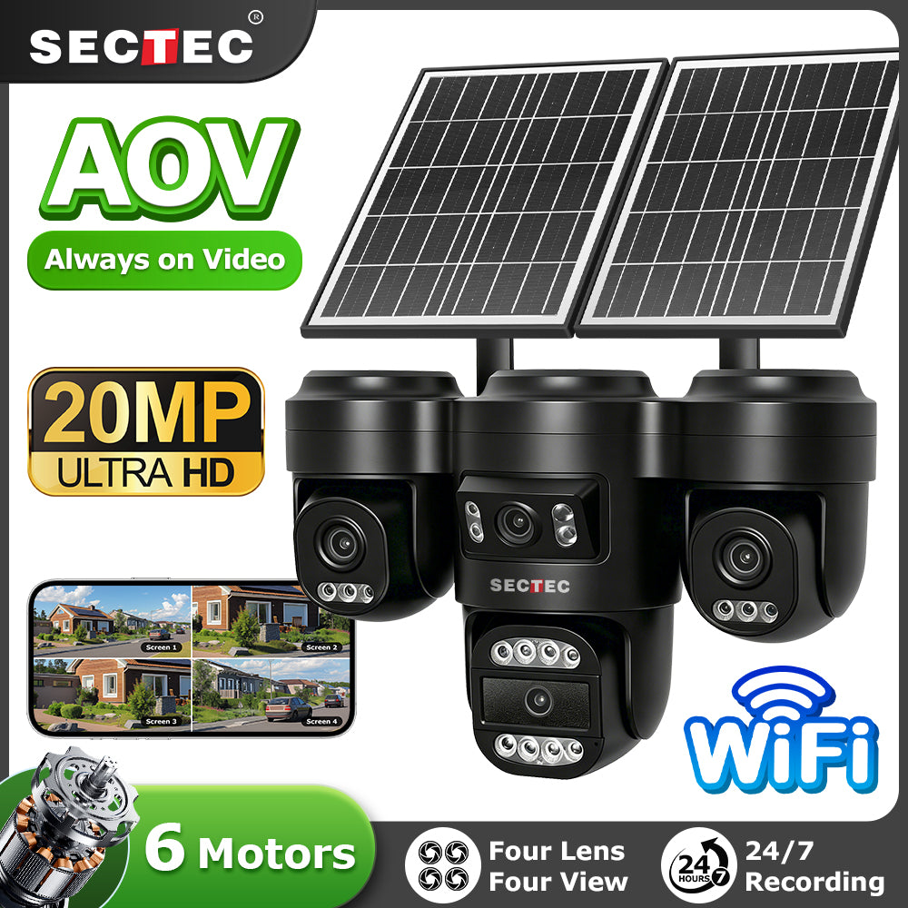 20MP 4Lens 24/7 Full Time Recording AOV 4G Solar Camera PIR Human Detect Area Detect AI Camera GSM IP66 New Gen Network Cameras