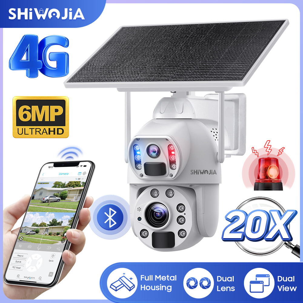 كاميرا SHIWOJIA 10 وات تعمل بالطاقة الشمسية 4G SIM / WIFI 6MP 20X ZOOM تعمل بالطاقة الشمسية بقدرة 20000 مللي أمبير في الساعة كاميرات بطارية 360 درجة خارجية بعدسة مزدوجة تسجيل كاميرا بشرية 
