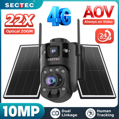 10MP AOV Outdoor PTZ Security Camera Solar Powered 24/7 Recording 22X Optical Zoom Dual Lens 4G WiFi CCTV Camera