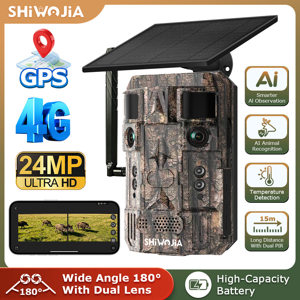 24MP AI Dual Lens CMOS Solar Hunting Camera 4G LTE Trail Camera Live View PIR Motion Detection Night Vision IP66 Cloud Storage