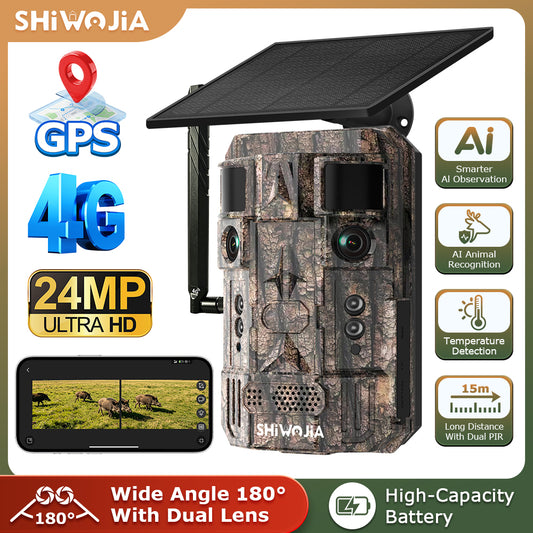 24MP AI Dual Lens CMOS Solar Hunting Camera 4G LTE Trail Camera Live View PIR Motion Detection Night Vision IP66 Cloud Storage