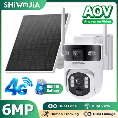 SHIWOJIA 637 Dual Len 4G Solar Camera AOV 24/7 Full Time Recording Ptz Camera Outdoor IP65 6MP HD Motion Detection CCTV Camera
