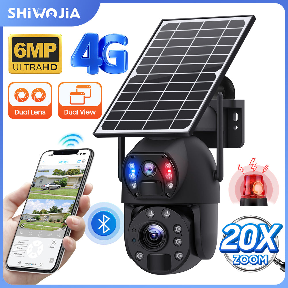 SHIWOJIA 20X Zoom 4G SIM / WIFI كاميرا أمان خلوية مزدوجة العدسات، كاميرا شمسية 6 ميجابكسل لاسلكية في الهواء الطلق، إنذار صفارات الإنذار، رؤية ليلية ملونة، شاشة مزدوجة، بطارية مدمجة 12000 مللي أمبير في الساعة 