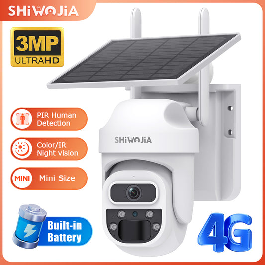 SHIWOJIA 3MP Mini Daul lens Solar Battery PTZ Camera PIR Human Detection Built-in Battery Solar Security Camera Night Vision 