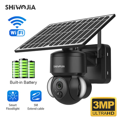 SHIWOJIA 3MP Solar Camera 4G SIM / WIFI Security Outdoor Recording Humanoid Tracking Floodlight Solar Battery PTZ Camera 