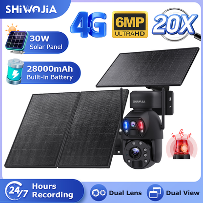 SHIWOJIA 6MP 30W Solar Battery 20x zoom Red Blue Alarm Floodlight PTZ Camera Night Vision 3 PCS Solar Board Built in 28000mAh Batteries 