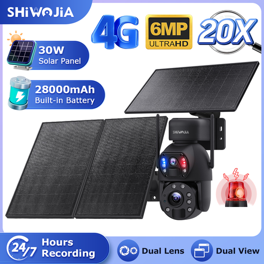 SHIWOJIA 6MP 30W Solar Battery 20x zoom Red Blue Alarm Floodlight PTZ Camera Night Vision 3 PCS Solar Board Built in 28000mAh Batteries 