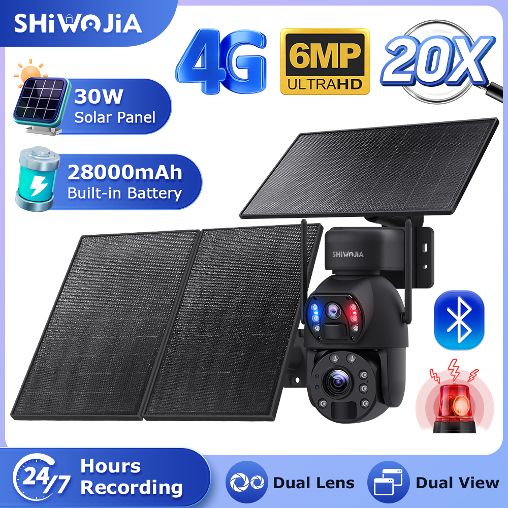 SHIWOJIA 30W Solar Battery 20x zoom Red Blue Alarm Floodlight PTZ Camera 3 PCS Solar Board Built in 28000mAh Batteries Night Vision Camera 