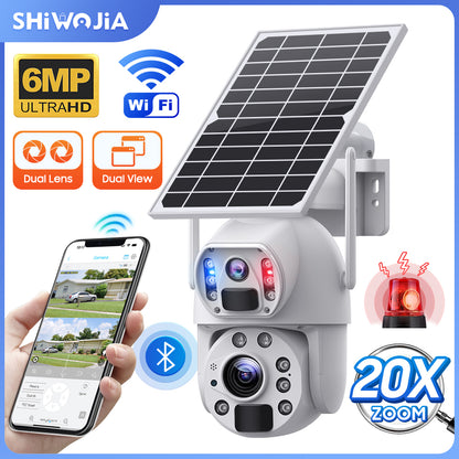 SHIWOJIA 20X Zoom 4G SIM / WIFI كاميرا أمان خلوية مزدوجة العدسات، كاميرا شمسية 6 ميجابكسل لاسلكية في الهواء الطلق، إنذار صفارات الإنذار، رؤية ليلية ملونة، شاشة مزدوجة، بطارية مدمجة 12000 مللي أمبير في الساعة 