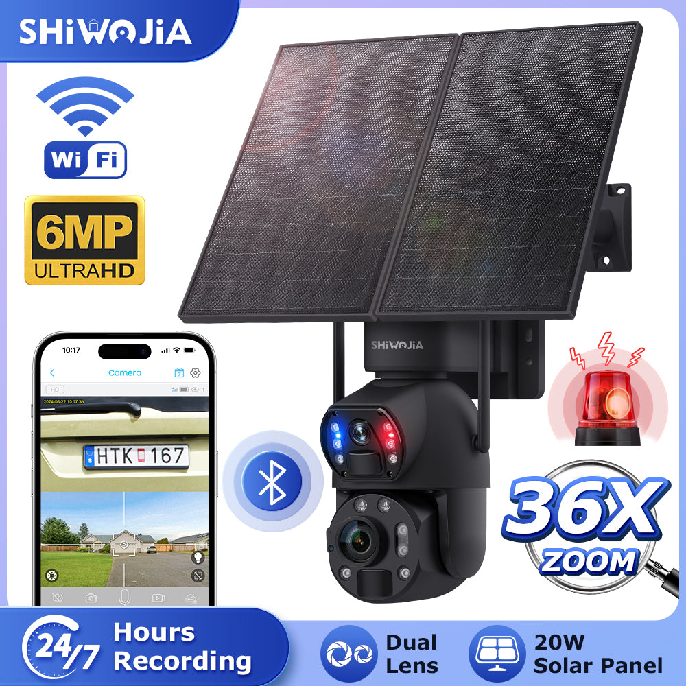 SHIWOJIA بطارية شمسية 20 وات 36X تكبير أحمر أزرق إنذار FloodLight PTZ كاميرا 4G SIM / WIFI كاميرا أمان خلوية مزدوجة العدسة، كاميرا شمسية 6 ميجابكسل لاسلكية في الهواء الطلق، رؤية ليلية ملونة، شاشة مزدوجة، بطارية مدمجة 