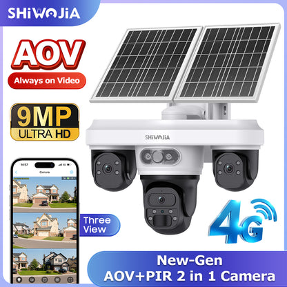 SHIWOJIA 563AOV 9MP Solar Camera 4G SIM Thress Screen WIFI Wireless Outdoor Security PTZ Camera 7/24 Hour Video Recording UBOXPRO