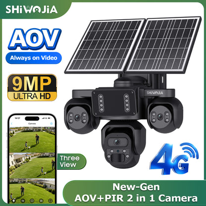 SHIWOJIA 523-9M-AOV Triple Len 24/7 Full Time Recording AOV 4G Solar Camera PIR Human Tracking Area Detect AI Camera GSM IP66 New Gen Network Camera