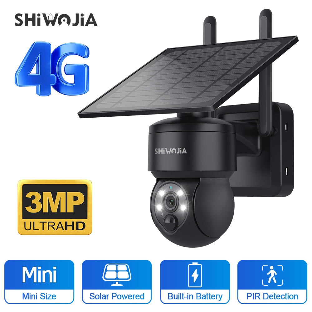 SHIWOJIA 4G SIM / WIFI Solar Security Cameras WIFI Wireless Outdoor 3MP  View Animal Monitoring MiNi Solar Battery PTZ Camera Built-in Battery