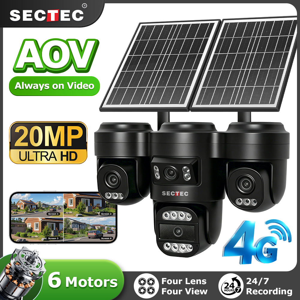 20MP 4Lens 24/7 Full Time Recording AOV 4G Solar Camera PIR Human Detect Area Detect AI Camera GSM IP66 New Gen Network Cameras
