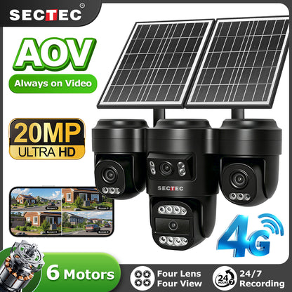 20MP 4Lens 24/7 Full Time Recording AOV 4G Solar Camera PIR Human Detect Area Detect AI Camera GSM IP66 New Gen Network Cameras