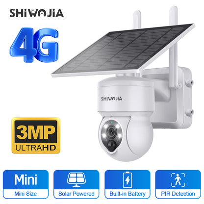 SHIWOJIA 4G SIM / WIFI Solar Security Cameras WIFI Wireless Outdoor 3MP  View Animal Monitoring MiNi Solar Battery PTZ Camera Built-in Battery