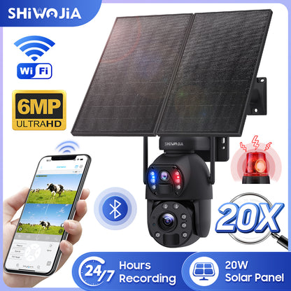 SHIWOJIA 20W بطارية شمسية 20X تكبير أحمر أزرق إنذار FloodLight PTZ كاميرا 4G SIM / WIFI كاميرا أمان خلوية عدسة مزدوجة، كاميرا شمسية 6 ميجابكسل لاسلكية في الهواء الطلق، رؤية ليلية ملونة، شاشة مزدوجة، بطارية مدمجة 