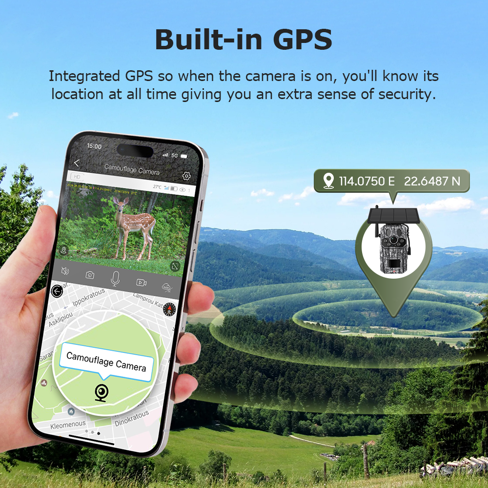 SHIWOJIA GPS Tracking 4G Solar Trail Camera 3MP Super HD PIR Motion Detection IP66 Waterproof Wide Range Detection Night Vision