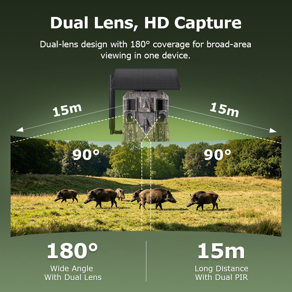 24MP AI Dual Lens CMOS Solar Hunting Camera 4G LTE Trail Camera Live View PIR Motion Detection Night Vision IP66 Cloud Storage