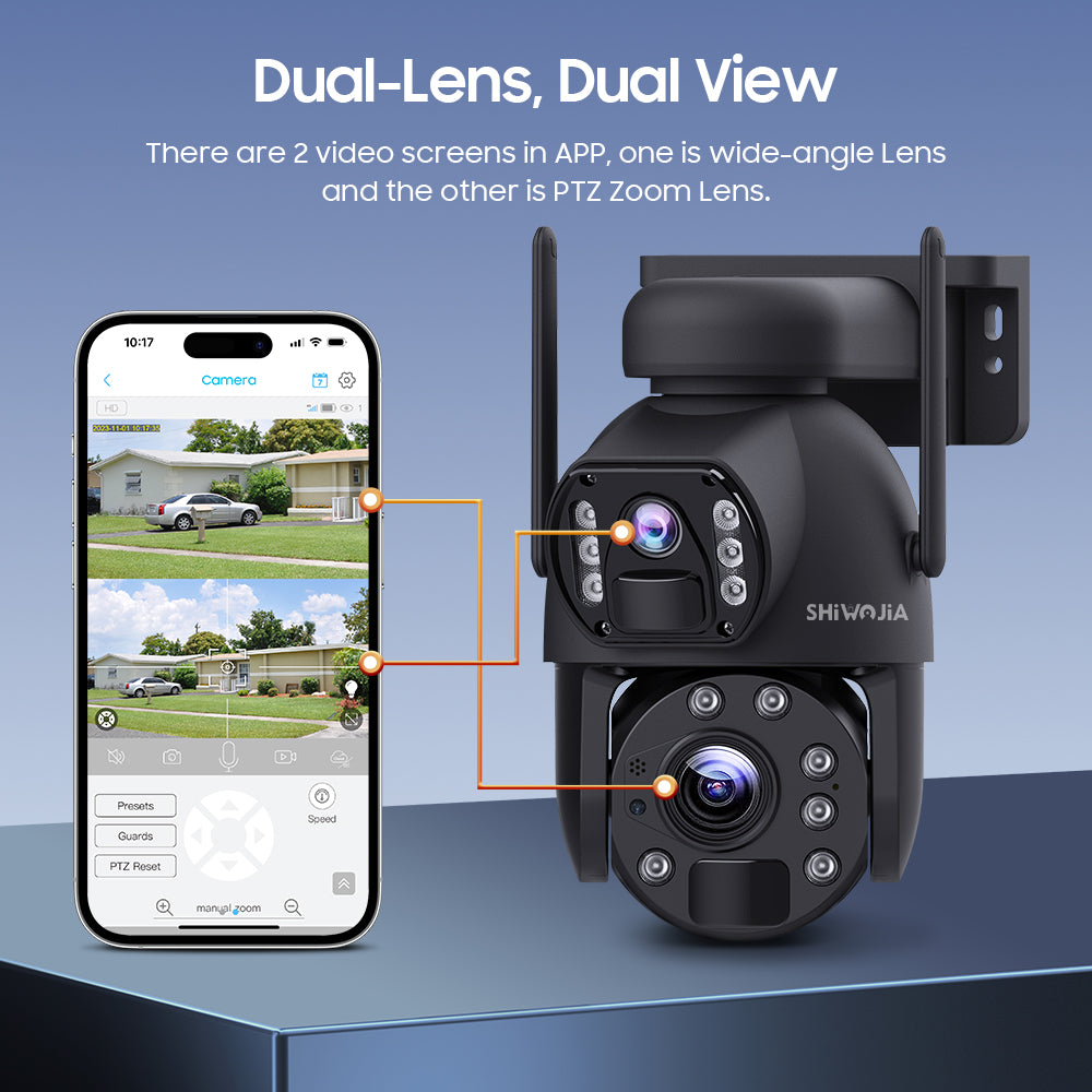 SHIWOJIA 10X زووم بصري 4G SIM / WIFI كاميرا أمان خلوية بعدسة مزدوجة، كاميرا شمسية مزدوجة الرؤية 6 ميجابكسل لاسلكية في الهواء الطلق، إنذار صفارات الإنذار، رؤية ليلية ملونة، شاشة مزدوجة. مدمج في البطارية 