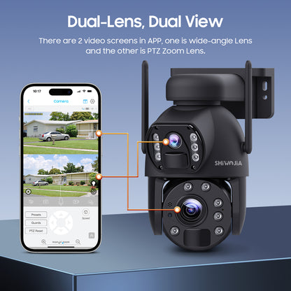 SHIWOJIA 10X زووم بصري 4G SIM / WIFI كاميرا أمان خلوية بعدسة مزدوجة، كاميرا شمسية مزدوجة الرؤية 6 ميجابكسل لاسلكية في الهواء الطلق، إنذار صفارات الإنذار، رؤية ليلية ملونة، شاشة مزدوجة. مدمج في البطارية 
