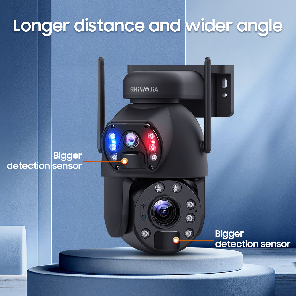 SHIWOJIA 20W بطارية شمسية 20X تكبير أحمر أزرق إنذار FloodLight PTZ كاميرا 4G SIM / WIFI كاميرا أمان خلوية عدسة مزدوجة، كاميرا شمسية 6 ميجابكسل لاسلكية في الهواء الطلق، رؤية ليلية ملونة، شاشة مزدوجة، بطارية مدمجة 