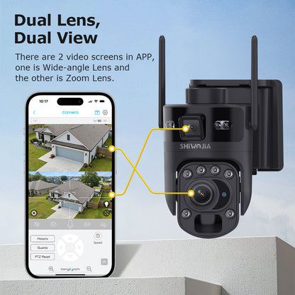 SHIWOJIA 6MP 4G Solar Camera 20X Optical ZOOM Dual Screen Outdoor Security IP Camera Night Vision PIR Detection CCTV 20X