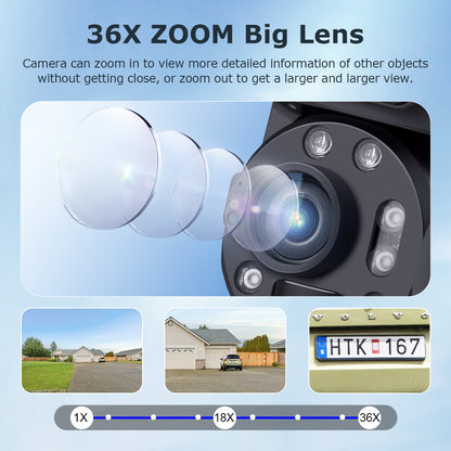 SHIWOJIA بطارية شمسية 20 وات 36X تكبير أحمر أزرق إنذار FloodLight PTZ كاميرا 4G SIM / WIFI كاميرا أمان خلوية مزدوجة العدسة، كاميرا شمسية 6 ميجابكسل لاسلكية في الهواء الطلق، رؤية ليلية ملونة، شاشة مزدوجة، بطارية مدمجة 