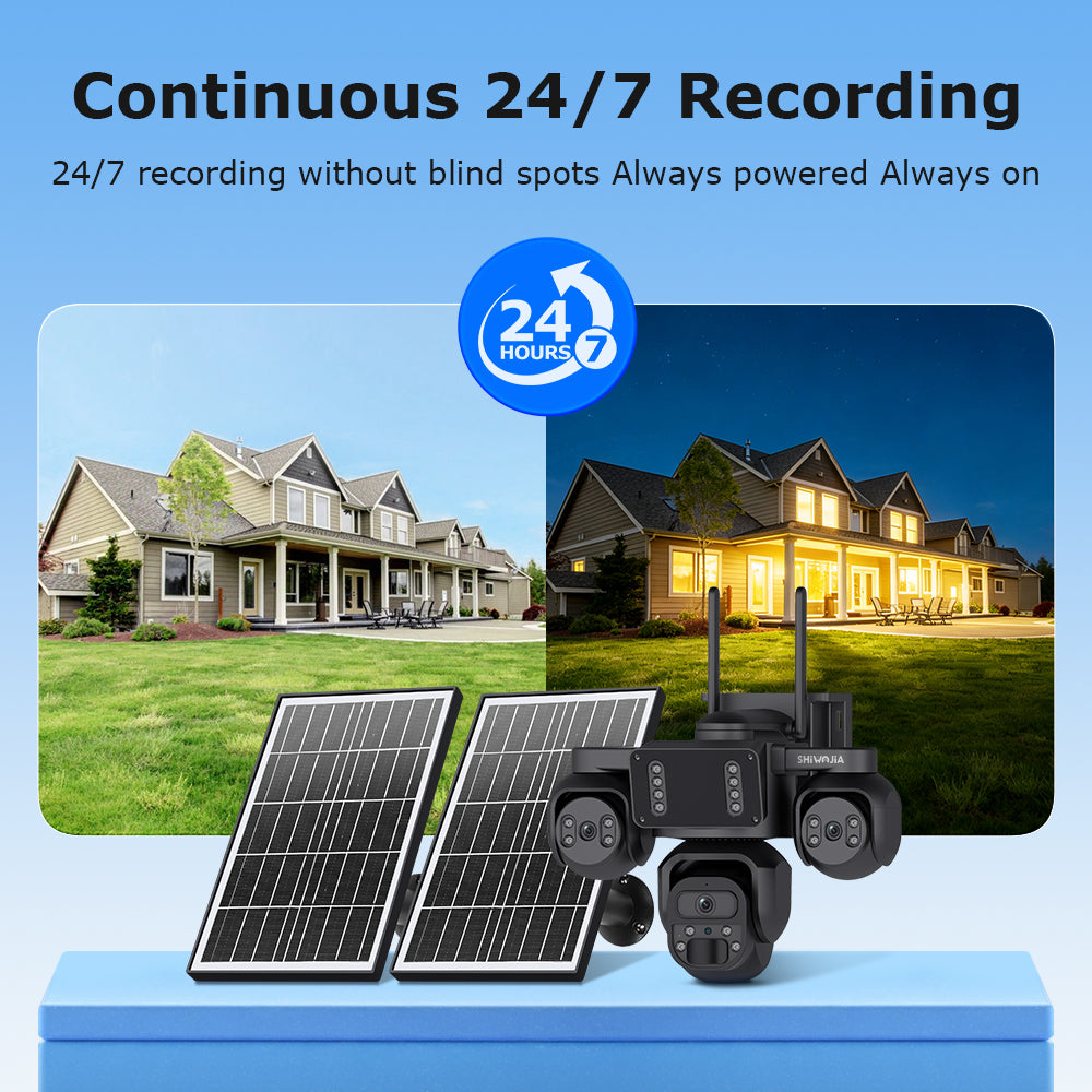 SHIWOJIA 523-9M-AOV Triple Len 24/7 Full Time Recording AOV 4G Solar Camera PIR Human Tracking Area Detect AI Camera GSM IP66 New Gen Network Camera