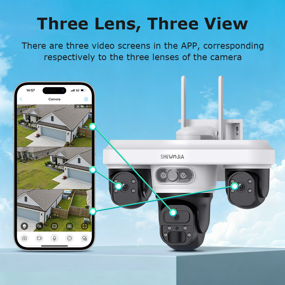 SHIWOJIA 563AOV 9MP Solar Camera 4G SIM Thress Screen WIFI Wireless Outdoor Security PTZ Camera 7/24 Hour Video Recording UBOXPRO