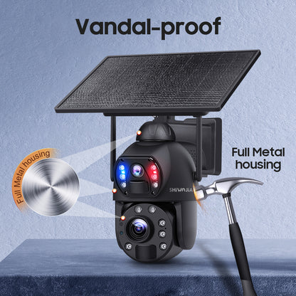 SHIWOJIA 36X بصري إضافة تكبير رقمي 4G SIM / WIFI كاميرا أمان خلوية مزدوجة العدسات، كاميرا شمسية 6 ميجابكسل لاسلكية في الهواء الطلق، إنذار صفارات الإنذار، رؤية ليلية ملونة، شاشة مزدوجة، بما في ذلك البطارية المدمجة 