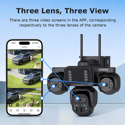SHIWOJIA 523-9M-AOV Triple Len 24/7 Full Time Recording AOV 4G Solar Camera PIR Human Tracking Area Detect AI Camera GSM IP66 New Gen Network Camera