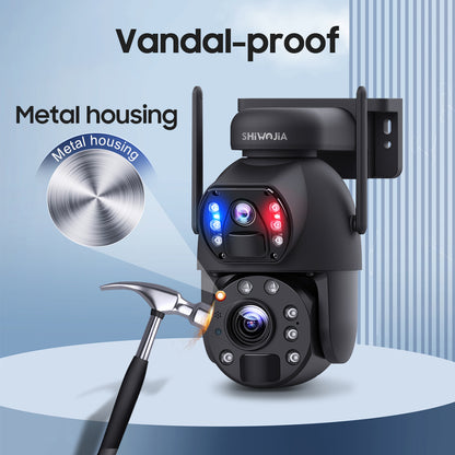 SHIWOJIA 20W بطارية شمسية 20X تكبير أحمر أزرق إنذار FloodLight PTZ كاميرا 4G SIM / WIFI كاميرا أمان خلوية عدسة مزدوجة، كاميرا شمسية 6 ميجابكسل لاسلكية في الهواء الطلق، رؤية ليلية ملونة، شاشة مزدوجة، بطارية مدمجة 