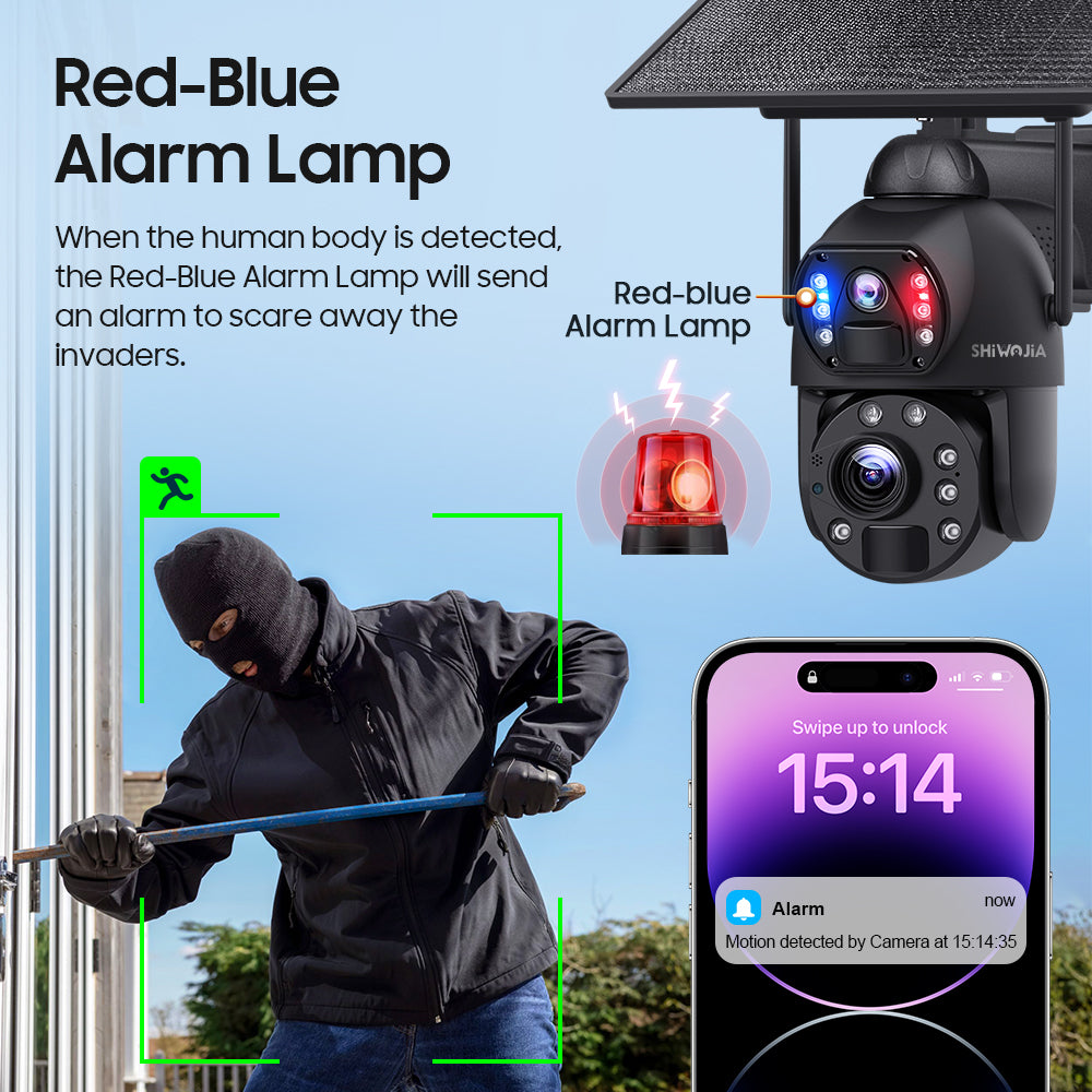 SHIWOJIA 36X بصري إضافة تكبير رقمي 4G SIM / WIFI كاميرا أمان خلوية مزدوجة العدسات، كاميرا شمسية 6 ميجابكسل لاسلكية في الهواء الطلق، إنذار صفارات الإنذار، رؤية ليلية ملونة، شاشة مزدوجة، بما في ذلك البطارية المدمجة 