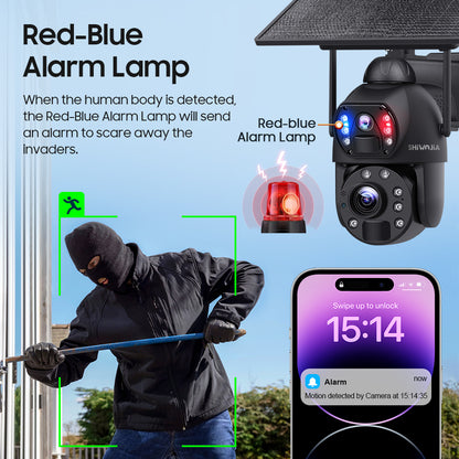 SHIWOJIA 36X بصري إضافة تكبير رقمي 4G SIM / WIFI كاميرا أمان خلوية مزدوجة العدسات، كاميرا شمسية 6 ميجابكسل لاسلكية في الهواء الطلق، إنذار صفارات الإنذار، رؤية ليلية ملونة، شاشة مزدوجة، بما في ذلك البطارية المدمجة 