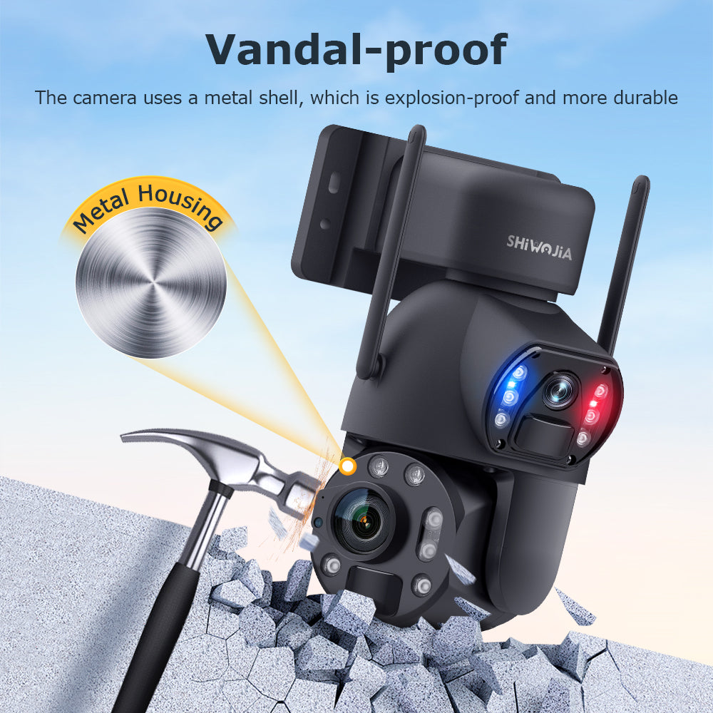 SHIWOJIA بطارية شمسية 20 وات 36X تكبير أحمر أزرق إنذار FloodLight PTZ كاميرا 4G SIM / WIFI كاميرا أمان خلوية مزدوجة العدسة، كاميرا شمسية 6 ميجابكسل لاسلكية في الهواء الطلق، رؤية ليلية ملونة، شاشة مزدوجة، بطارية مدمجة 