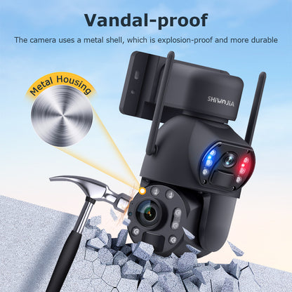 SHIWOJIA بطارية شمسية 20 وات 36X تكبير أحمر أزرق إنذار FloodLight PTZ كاميرا 4G SIM / WIFI كاميرا أمان خلوية مزدوجة العدسة، كاميرا شمسية 6 ميجابكسل لاسلكية في الهواء الطلق، رؤية ليلية ملونة، شاشة مزدوجة، بطارية مدمجة 