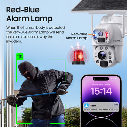 كاميرا SHIWOJIA 10 وات تعمل بالطاقة الشمسية 4G SIM / WIFI 6MP 20X ZOOM تعمل بالطاقة الشمسية بقدرة 20000 مللي أمبير في الساعة كاميرات بطارية 360 درجة خارجية بعدسة مزدوجة تسجيل كاميرا بشرية 