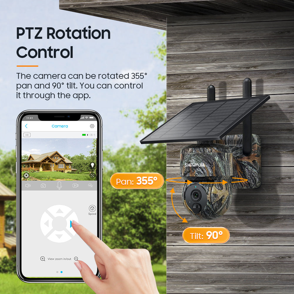 SHIWOJIA Camouflage Color Solar Battery PTZ Camera.4G SIM / WIFI  360° View Animal Monitoring.Built-in Battery