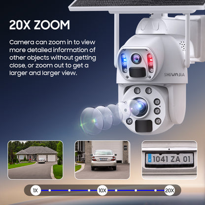 كاميرا SHIWOJIA 10 وات تعمل بالطاقة الشمسية 4G SIM / WIFI 6MP 20X ZOOM تعمل بالطاقة الشمسية بقدرة 20000 مللي أمبير في الساعة كاميرات بطارية 360 درجة خارجية بعدسة مزدوجة تسجيل كاميرا بشرية 